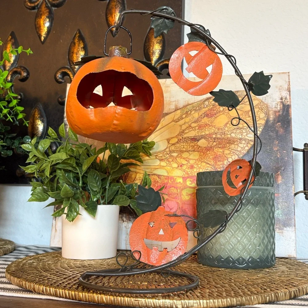 💎RARE💎Vintage Pottery Barn Metal Hanging Jack-o-Lantern Candleholder
